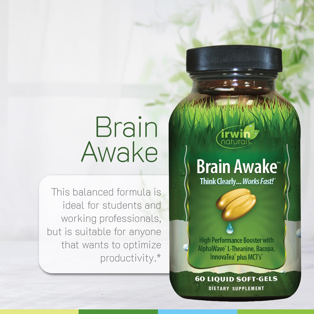 Irwin Naturals Brain Awake capsules seen up close for reliable daily use.
