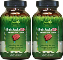 Irwin Naturals Brain Awake RED bottle demonstrates the brand's focus-support formula for daily use.