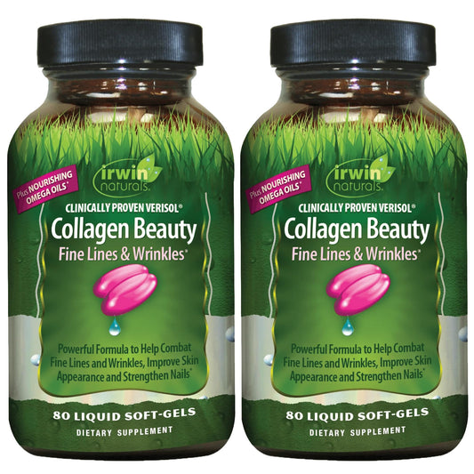 Irwin Naturals Collagen Beauty bottle front highlighting 80 liquid soft-gels