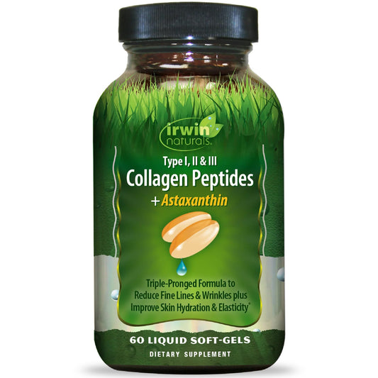 Irwin Naturals collagen peptides astaxanthin softgels bottle for daily skin and joint support