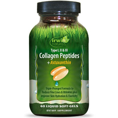 Irwin Naturals collagen peptides astaxanthin softgels bottle for daily skin and joint support