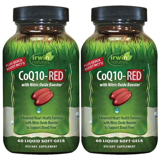 Irwin Naturals CoQ10-RED bottle front for daily energy and heart support.
