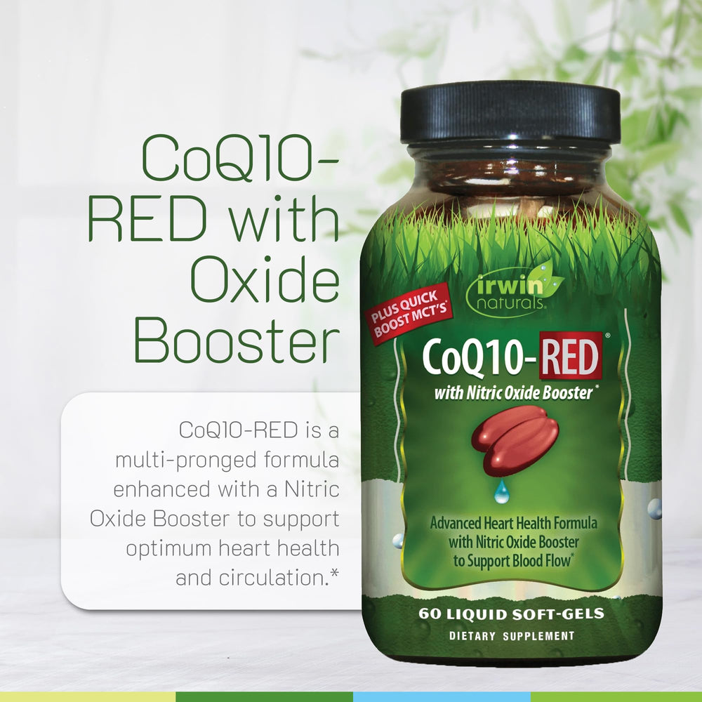 Irwin Naturals CoQ10-RED bottle side-label emphasizes Bioperine for absorption.