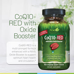 Irwin Naturals CoQ10-RED bottle side-label emphasizes Bioperine for absorption.