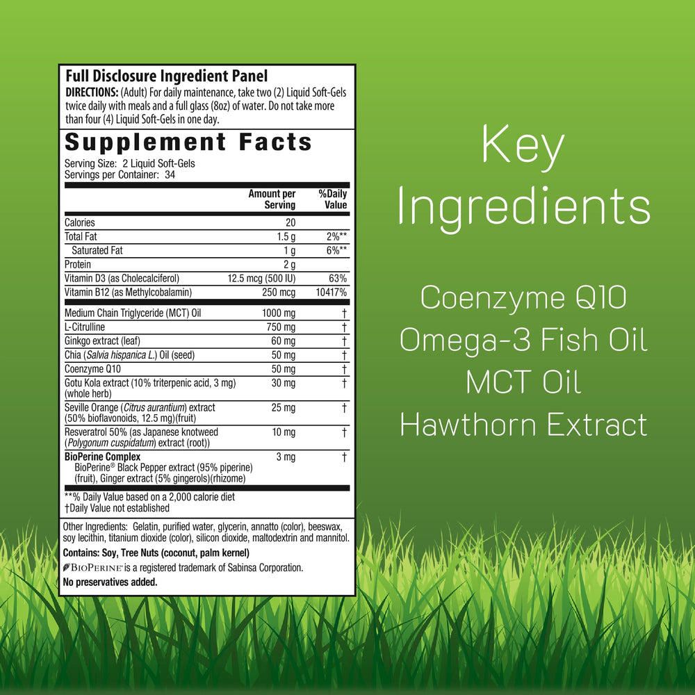 Irwin Naturals CoQ10-RED liquid soft-gels close-up emphasizing easy daily dosing.