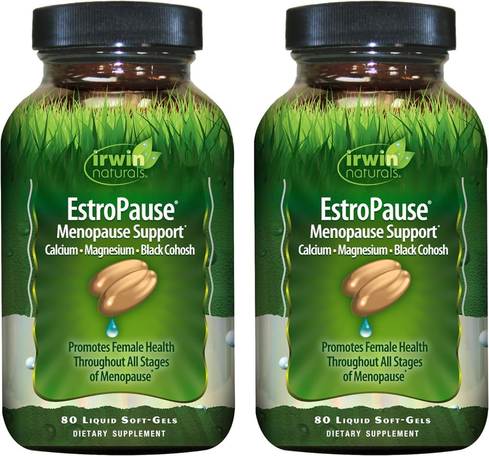 Irwin Naturals EstroPause softgel bottle showing gentle menopause support for daily balance