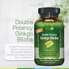 Irwin Naturals Ginkgo Biloba packaging shows turmeric and resveratrol notes.