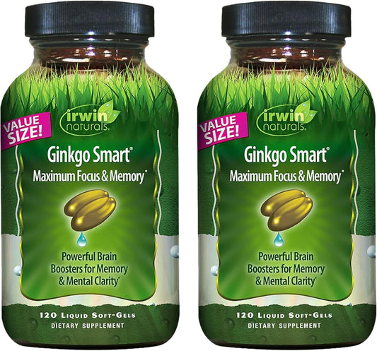 Irwin Naturals Ginkgo Smart bottle front with clear branding for quick brain support