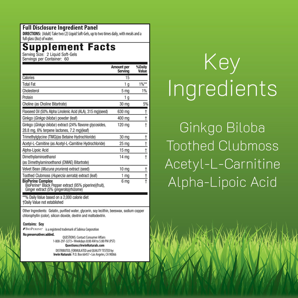 Irwin Naturals Ginkgo Smart liquid soft-gels close-up for fast-absorbing daily focus