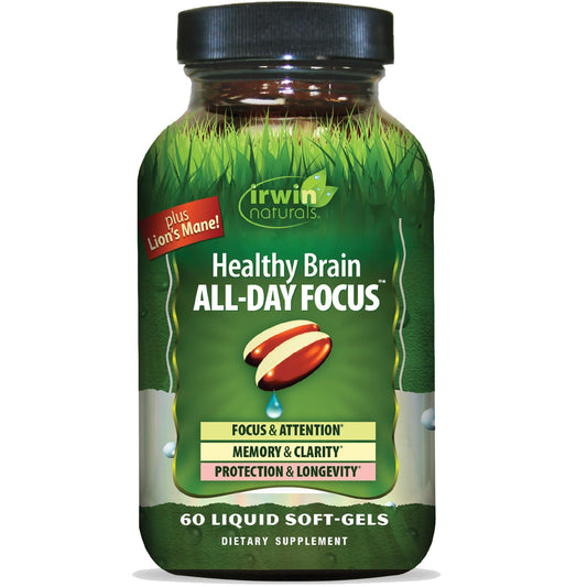 Irwin Naturals Healthy Brain bottle with liquid soft-gels for all-day focus