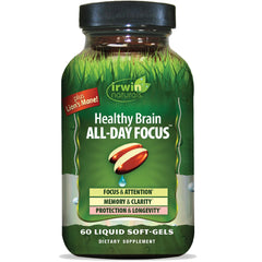 Irwin Naturals Healthy Brain bottle with liquid soft-gels for all-day focus