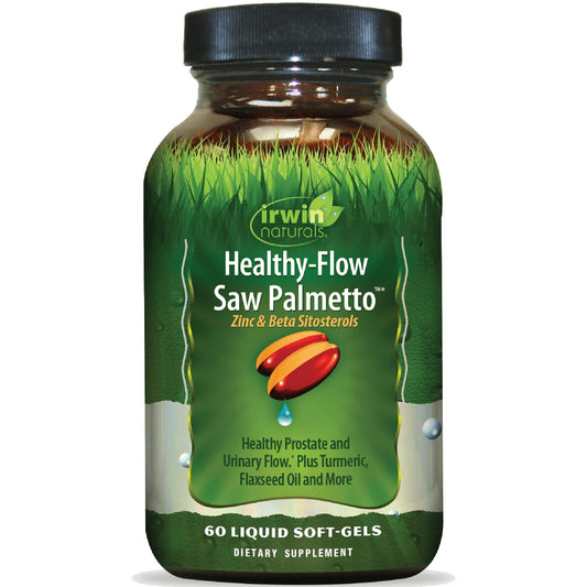 Irwin Naturals Healthy-Flow Saw Palmetto bottle promotes urinary comfort and prostate support.