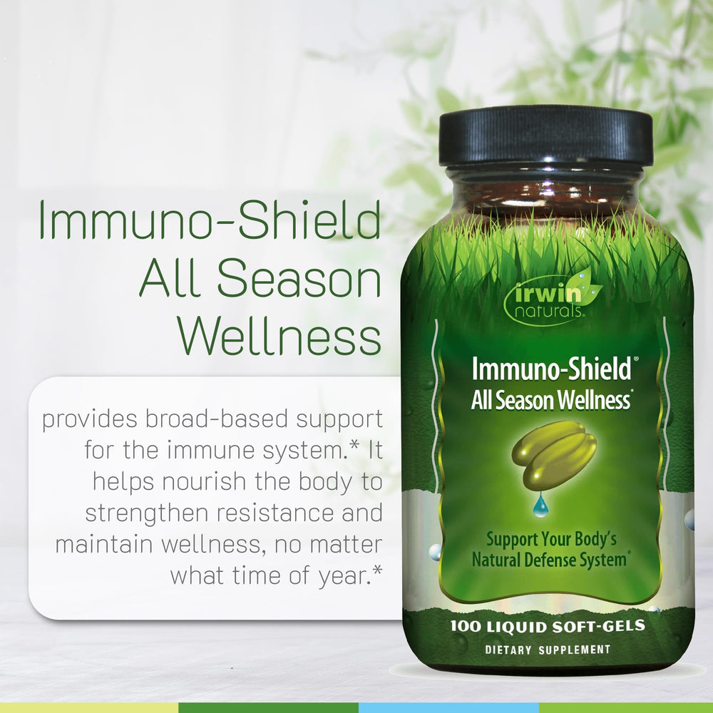 Irwin Naturals Immuno-Shield bottle with botanicals highlights multi-herb blend.