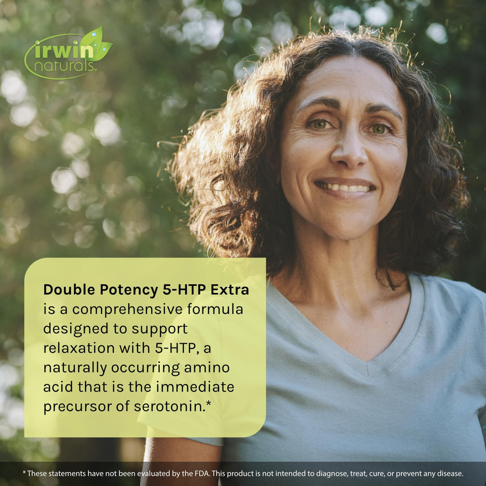 Label detail of Irwin Naturals 5-HTP Extra with key ingredients listed.