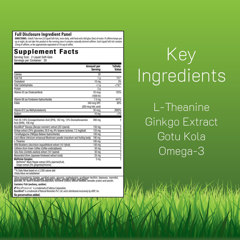 Close-up of Irwin Naturals liquid soft-gels delivering quick cognitive support