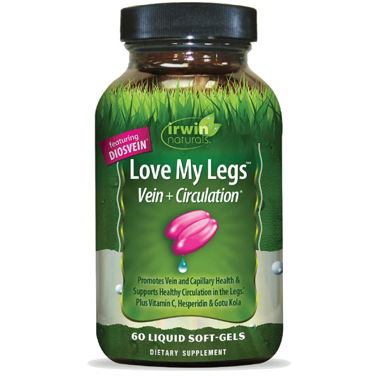 Irwin Naturals Love My Legs bottle front highlighting leg vein health support.