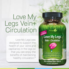 Irwin Naturals Love My Legs ingredients panel shows DiosVein, hesperidin, gotu kola.