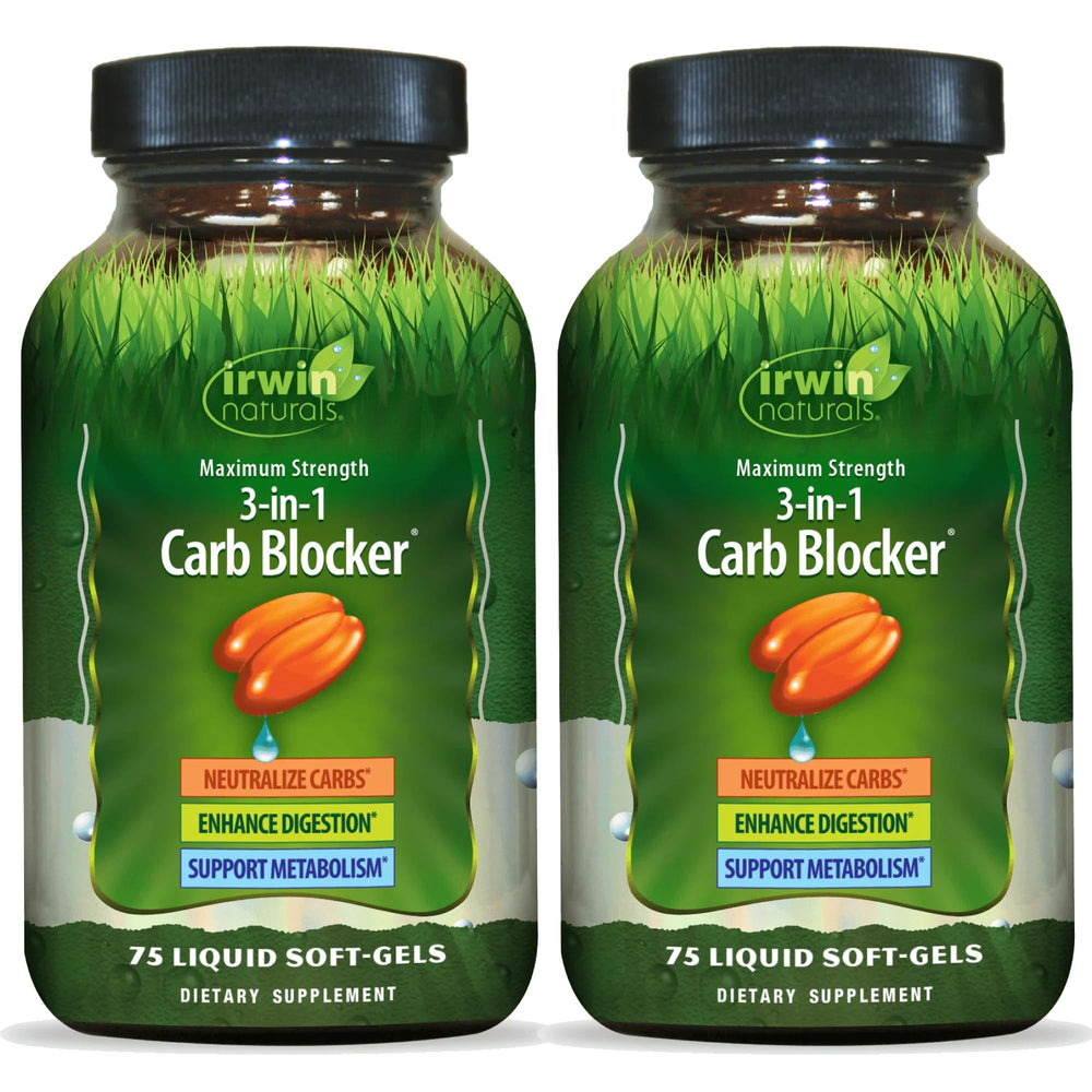Irwin Naturals Maximum Strength 3-in-1 Carb Blocker bottle with label and purity emphasis.