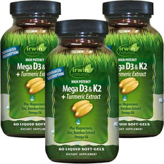 Irwin Naturals Mega D3 K2 Turmeric softgel bottle on the kitchen counter for daily bone support.