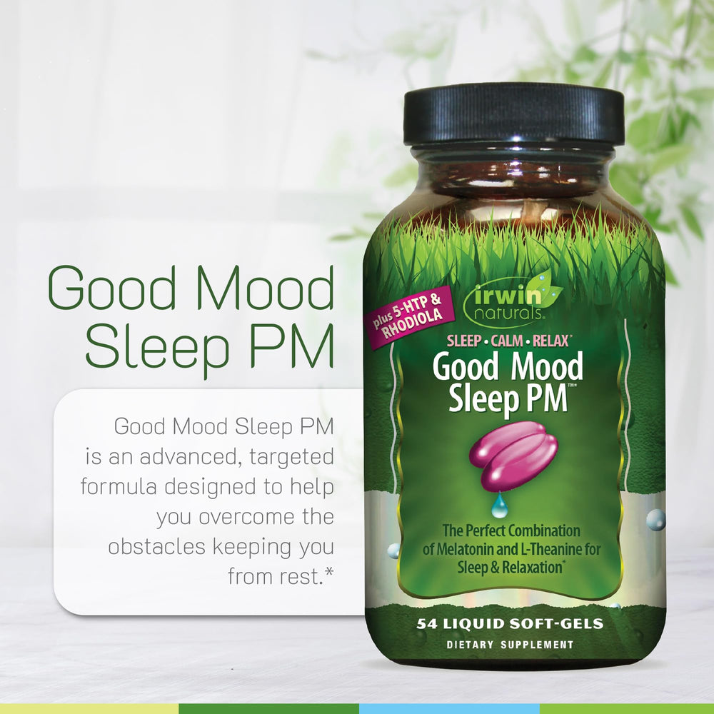 Irwin Naturals Melatonin Plus 5-HTP & Rhodiola packaging highlights 54 soft-gels.
