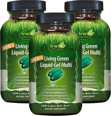 Irwin Naturals Men's Living Green Liquid-Gel bottle showing full-spectrum nutrients for daily energy support