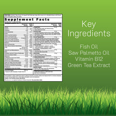 Irwin Naturals Men's Living Green bottle-pour showing liquid-softgel delivery for quick nutrient release.
