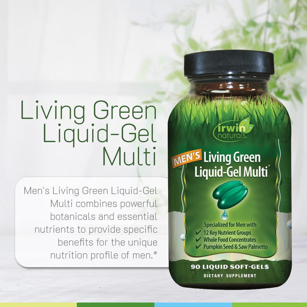 Irwin Naturals Men's Living Green Liquid-Gel pumpkin-seed-oil-saw-palmetto image highlights prostate health support