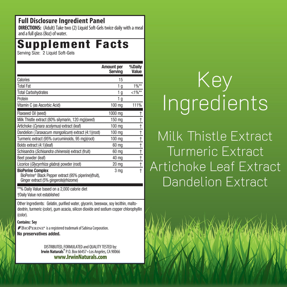 Close-up label of Irwin Naturals bottle highlighting milk thistle and dandelion-artichoke blend for daily liver support