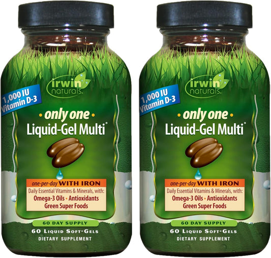 Irwin Naturals Only One bottle pour shows convenient daily multivitamin with iron