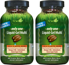 Irwin Naturals Only One bottle pour shows convenient daily multivitamin with iron