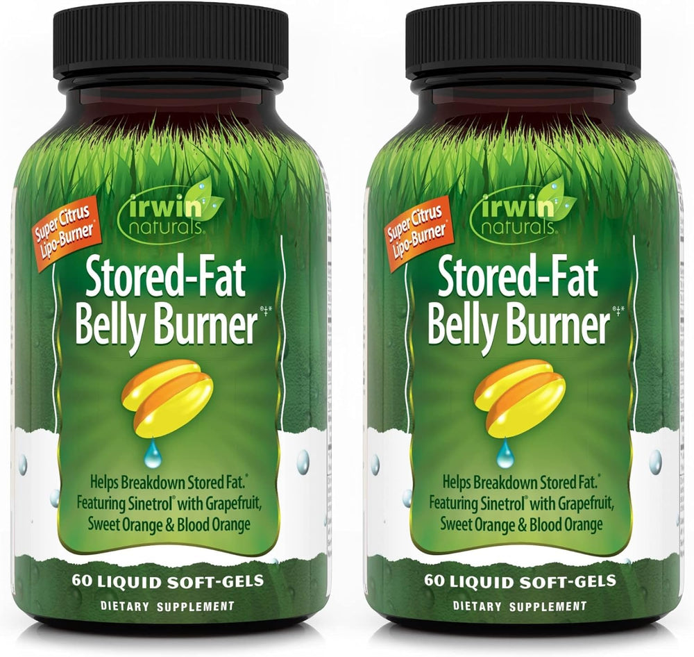 Irwin Naturals Stored-Fat Belly Burner bottle for daily supplement with fat metabolism support.