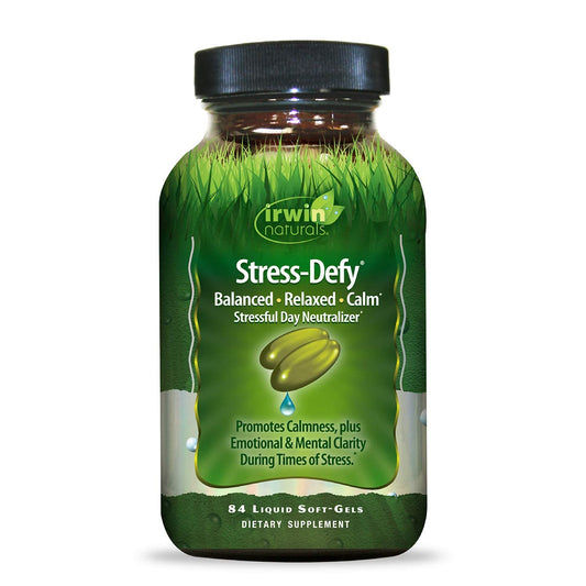 Irwin Naturals Stress-Defy bottle front promoting calm and balance.