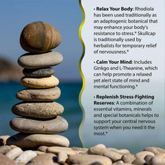 Irwin Naturals Stress-Defy bottle pour illustrating easy daily use.