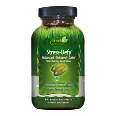 Irwin Naturals Stress-Defy bottle with capsules ready for daily use.