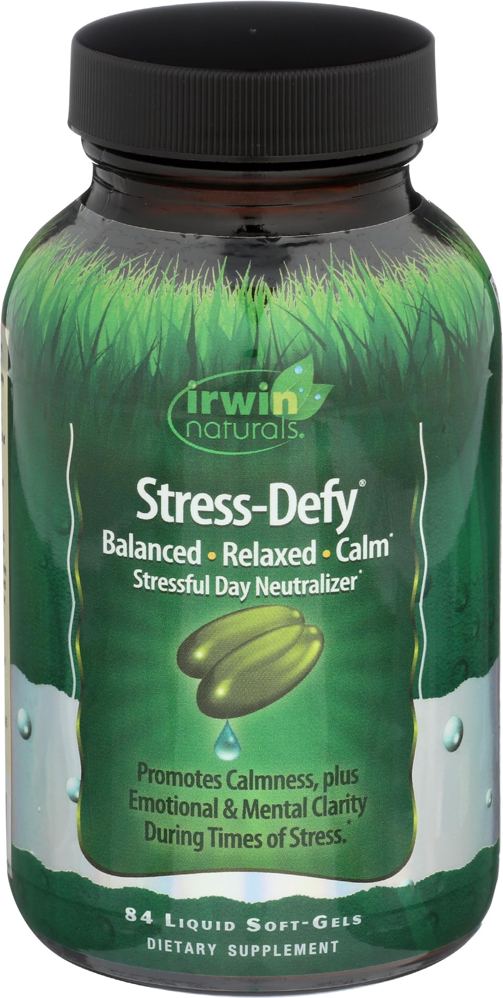 Irwin Naturals Stress-Defy ingredient blend close-up highlights rhodiola and GABA.
