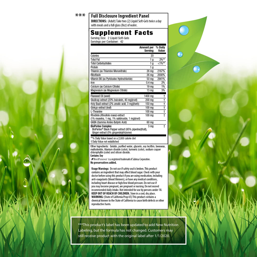 Close-up of Stress-Defy label showing botanicals and Bioperine notes.