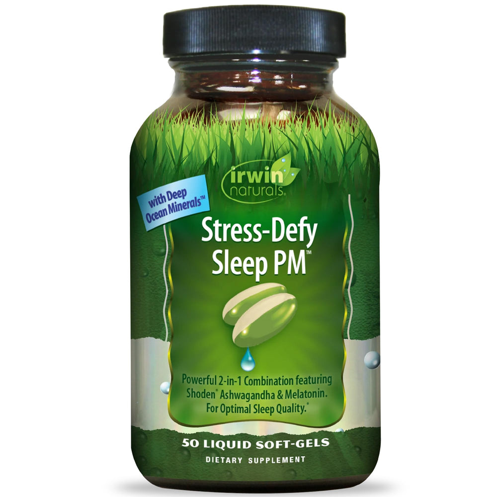 Irwin Naturals Stress-Defy Sleep PM bottle on nightstand promotes relaxed evenings.