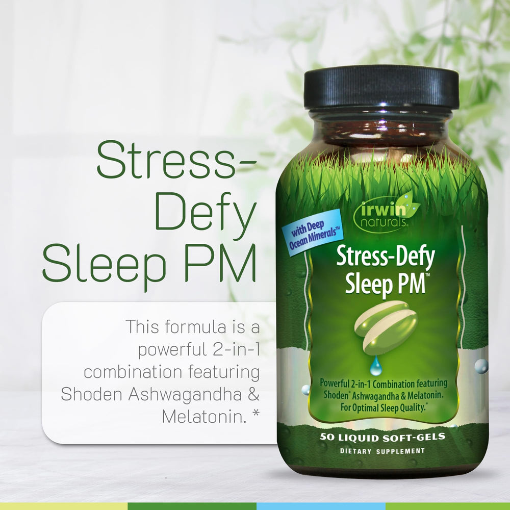 Irwin Naturals Stress-Defy Sleep PM dispensing softgels demonstrates easy nightly dosing.