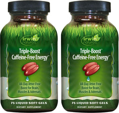 Irwin Naturals Triple Boost energy bottle on shelf for all-day energy.