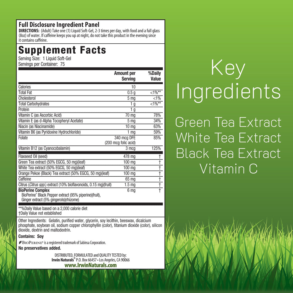 Irwin Naturals Triple-Tea Fat Burner soft-gels close-up for easy swallowing
