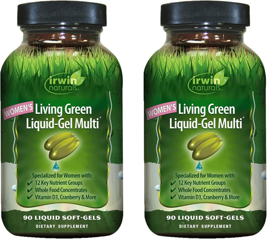 Irwin Naturals Women's Living Green Liquid-Gel Multi bottle close-up, easy-to-swallow capsules for daily vitality