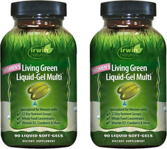 Irwin Naturals Women's Living Green Liquid-Gel Multi bottle close-up, easy-to-swallow capsules for daily vitality