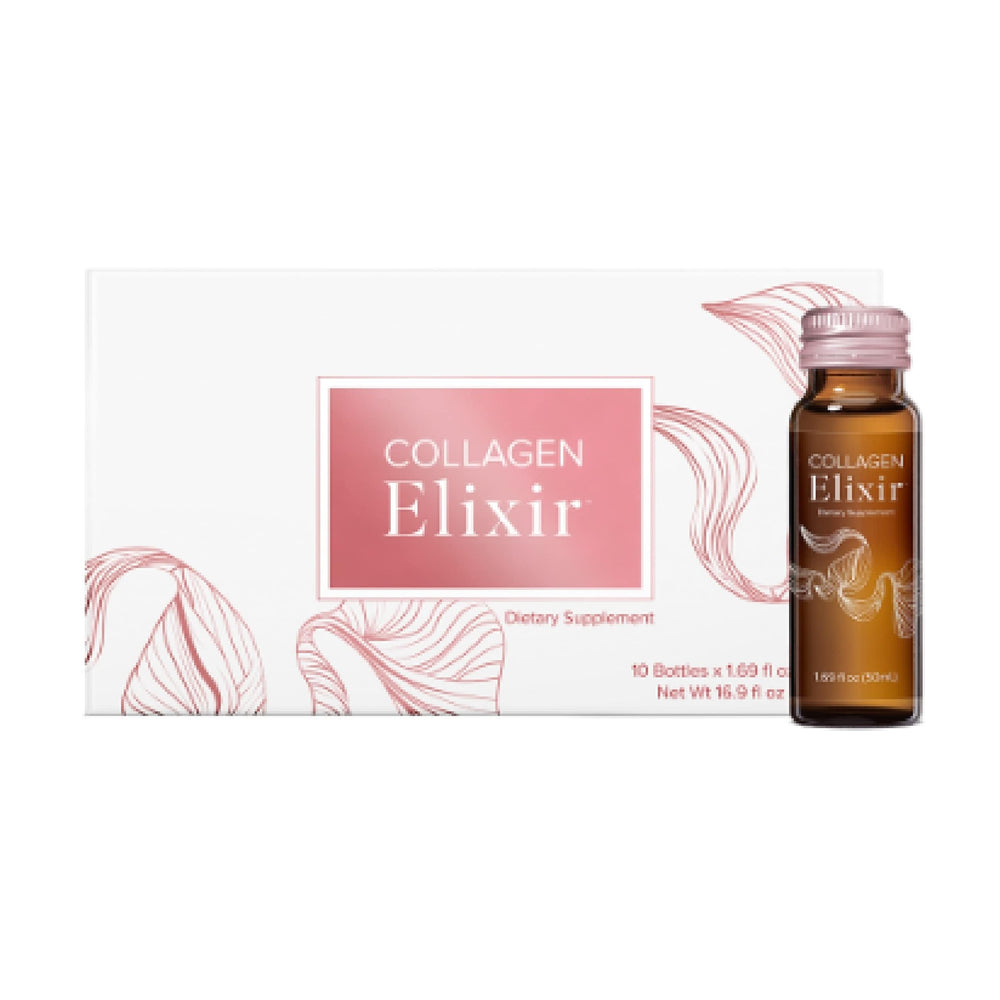 Isagenix Collagen Elixir bottle showcases a 50 mL serving for daily skin support