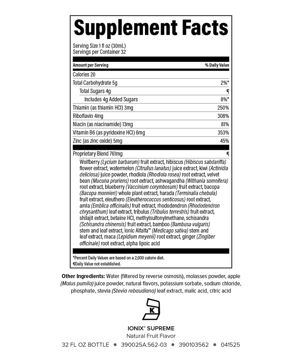 Close-up of Ionix Supreme label highlighting adaptogens blend for stress response.