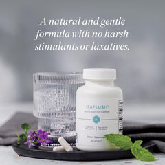 Isagenix IsaFlush bottle on dresser evokes bedtime routine for gut comfort.