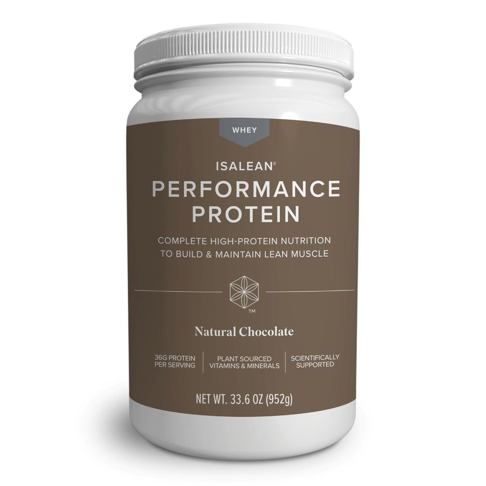 Isagenix IsaLean Performance Protein Shake canister front view highlighting 36g protein support.