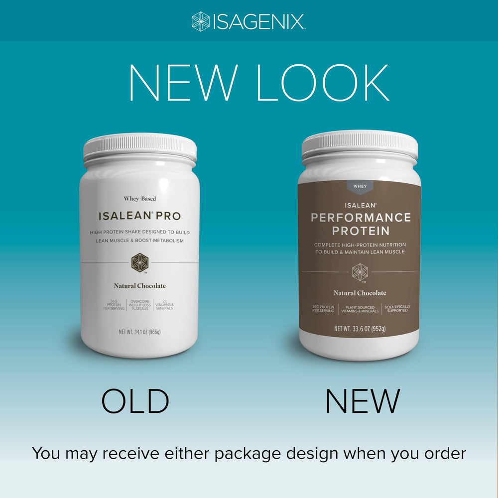 Isagenix IsaLean Performance Protein Shake packaging on shelf highlighting sustainable canister.