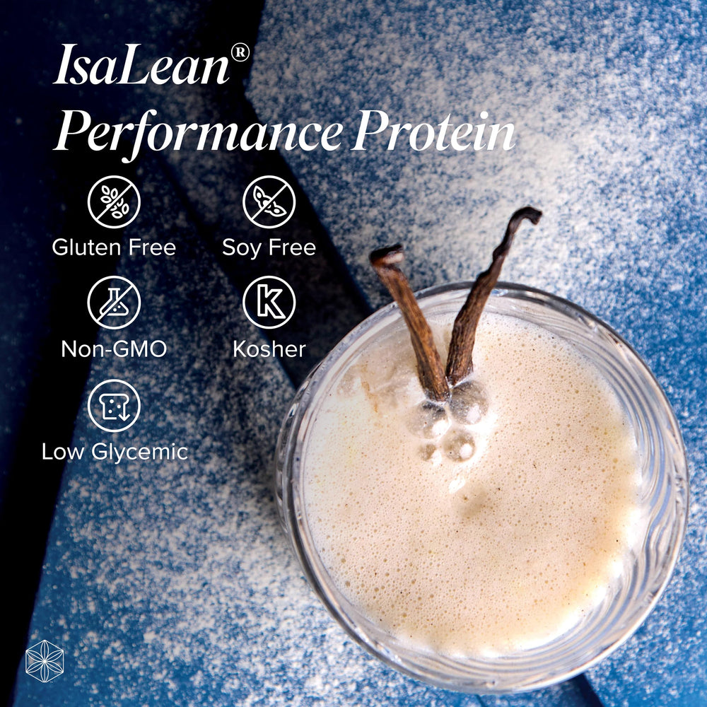 Isagenix IsaLean canister with scoop, ready for convenient meal replacement.