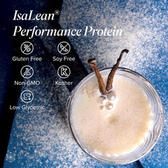Isagenix IsaLean canister with scoop, ready for convenient meal replacement.