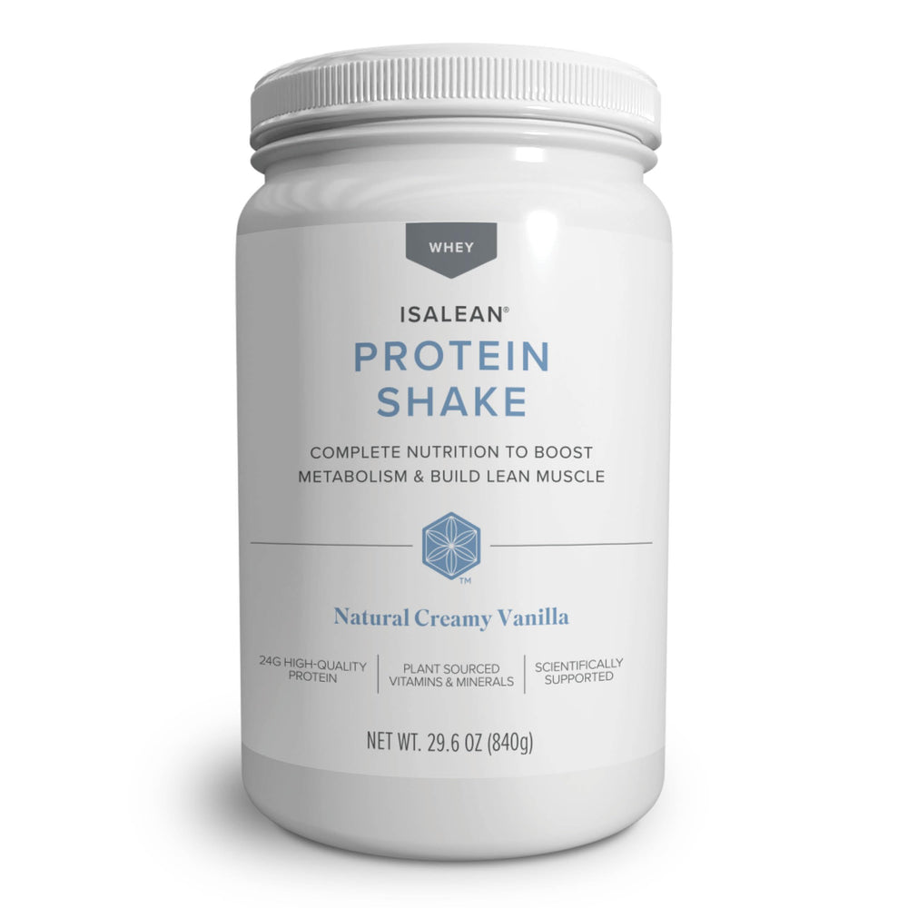 Isagenix IsaLean Protein Shake creamy vanilla canister showcasing complete nutrition for balanced meals.